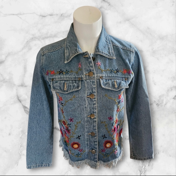 Vintage Carole Little Sport Petites Sz S Embroidered Floral Denim Jacket Womens - Picture 1 of 15